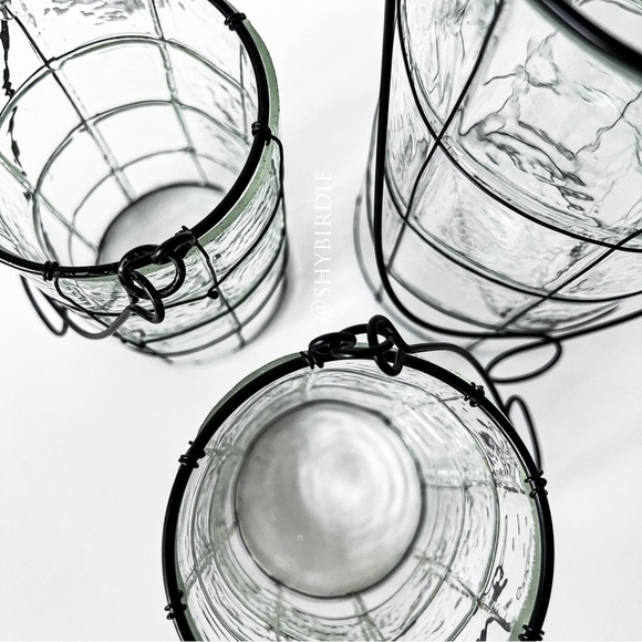 NEW Set of 3 Glass Lanterns with Black Wire Detail - Picture 11 of 12